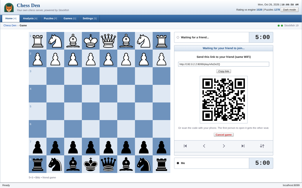 The friend-game screen: a link and a QR code to invite someone on the same WiFi.