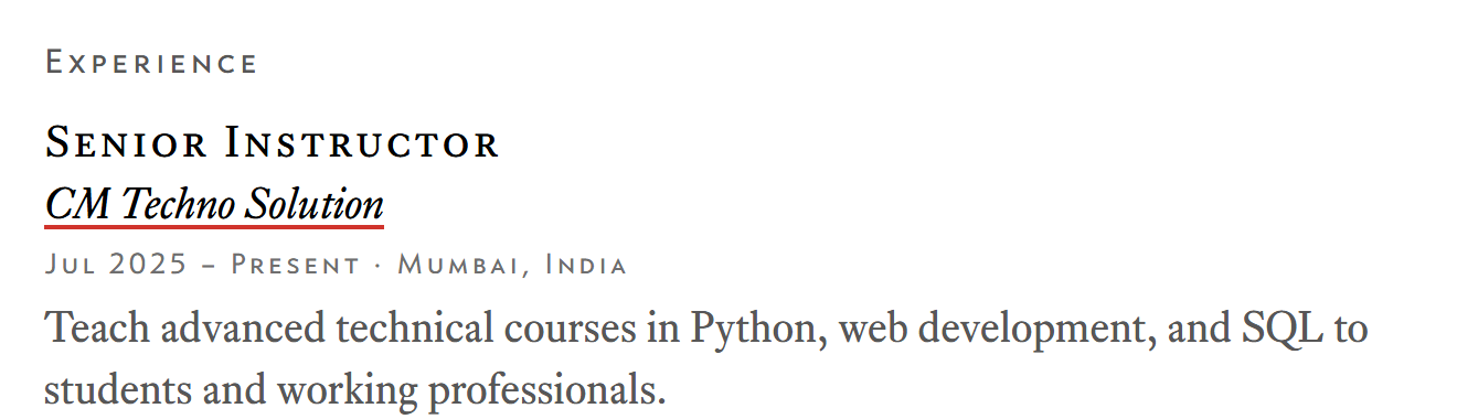 Job titles and dates in the About page, set in real small caps.